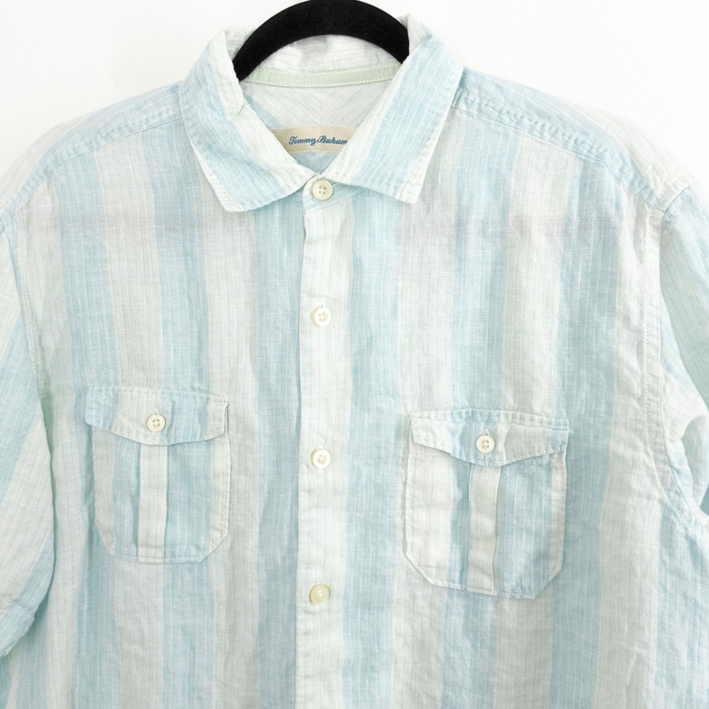 Tommy Bahama 100%‎ Linen Shirt Men's Medium Blue White Stripe Camp Button Up SS